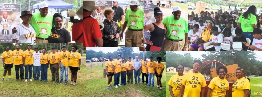 22 Hands Up community events collage showing volunteers in green and yellow shirts at various community gatherings, team photos, and youth engagement activities